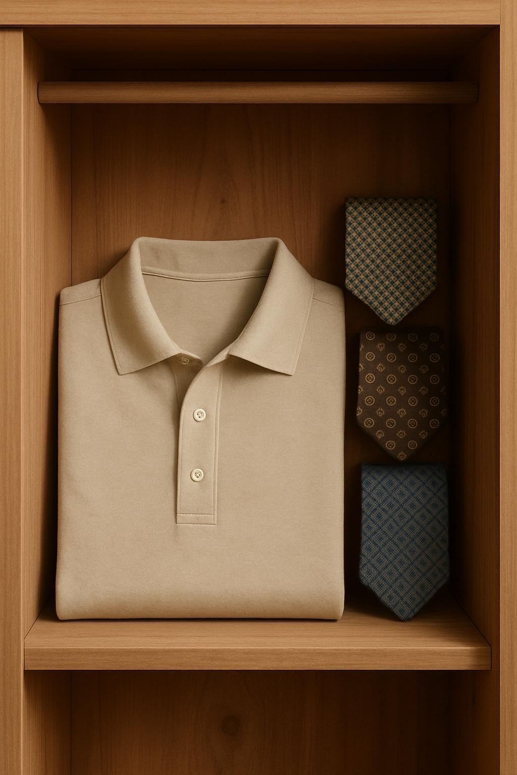 "Stacked three men's patterned ties in various colors and designs, balanced by a folded men's shirt, all neatly arranged o...