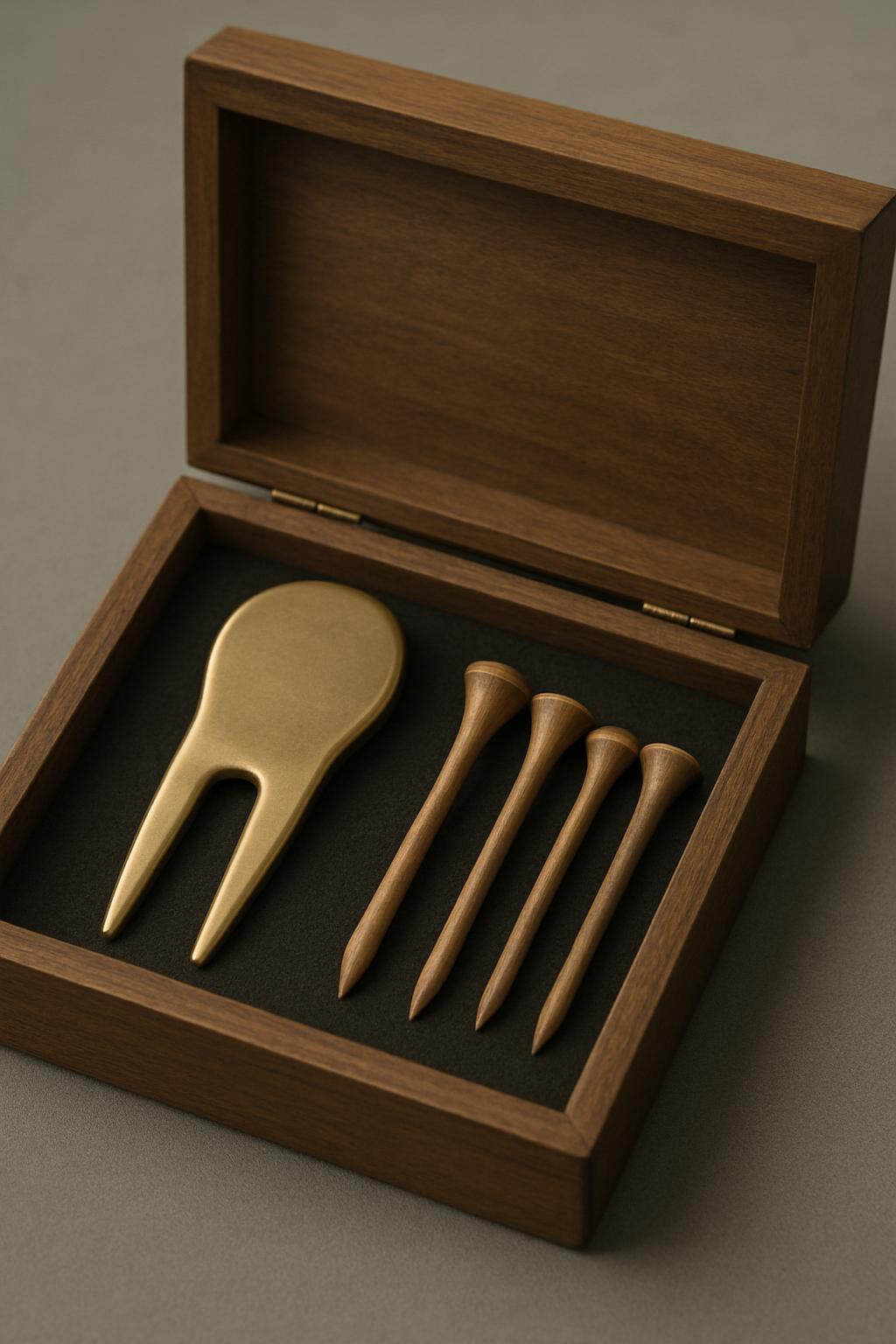 The alt text for the image is: Handmade golf accessories presented in a wooden trinket box with black inside.