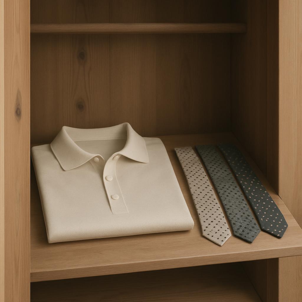 Two ties and a white collared shirt arranged on a shelf.
