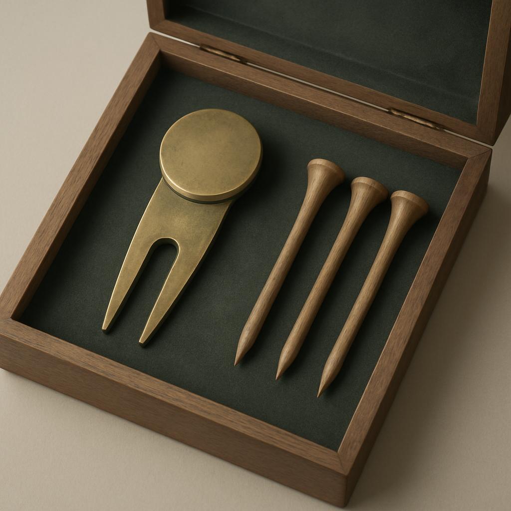This image showcases a set of wooden golf tools neatly arranged in a wooden box. The tools comprise a brass divot tool, th...