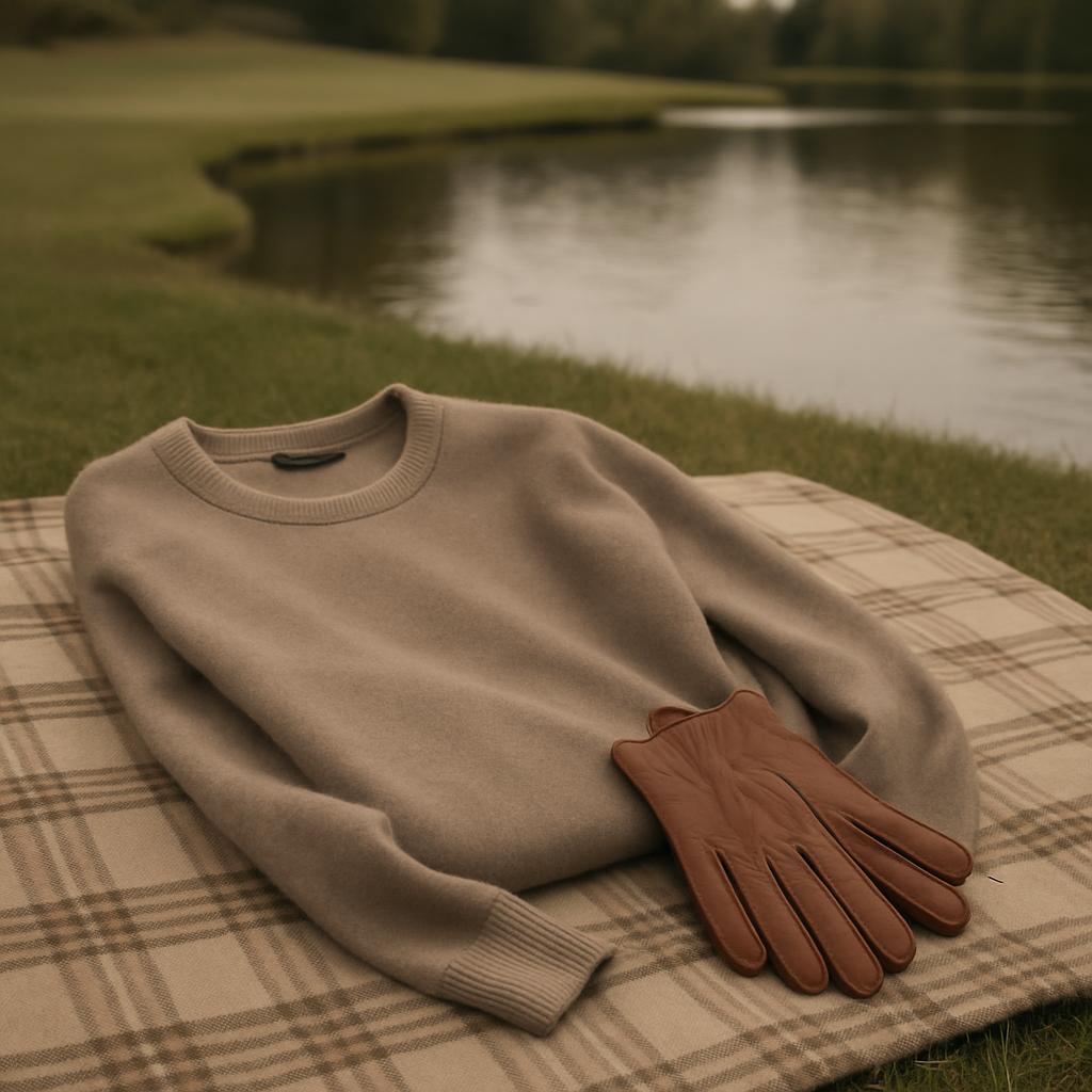 The image presents a rustic, carefully arranged outdoor scene, centered around a flat, albeit somewhat rumpled, tanned bro...