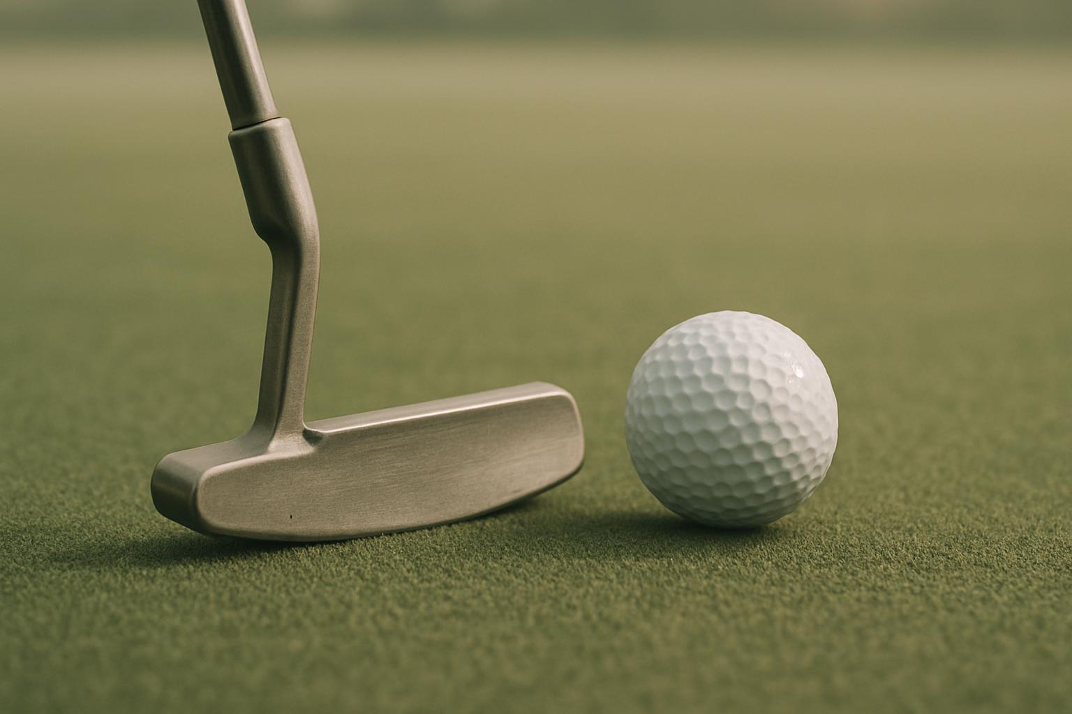 A golf ball and putter on a green background.