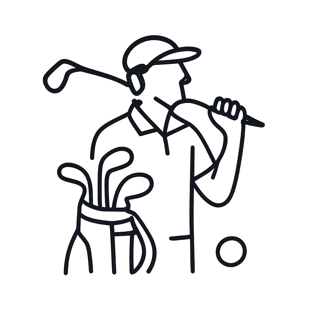 A simple line drawing of a golfer, swinging a golf club over their shoulder.